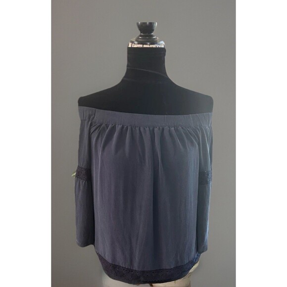 ECRU Silk Off The Shoulder Blouse Crochet Lace Hem Lined Dark Blue Sz XS Luxury - Picture 1 of 10